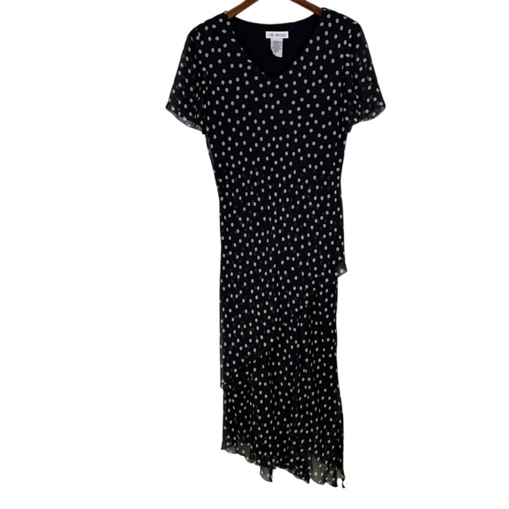 Citi Dress Women's Black White‎ Polka Dot Layered Handkerchief Hem Midi Dress 12